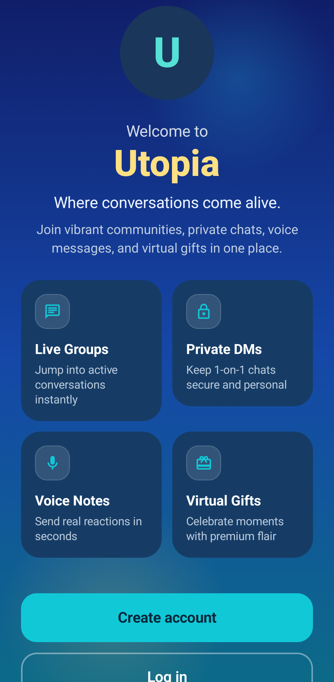 Utopia community chat app overview